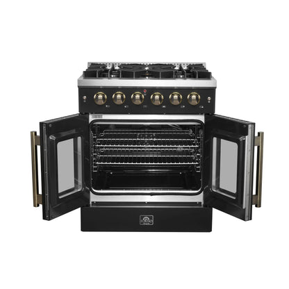 Forno Galiano 30-inch French Door Gas Range Black and Antique Brass Design, 5 Sealed Burners 68,000 BTU,  4.32 cu.ft. Convection Oven FORNO