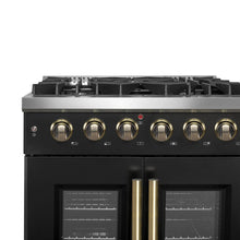 Forno Galiano 30-inch French Door Gas Range Black and Antique Brass Design, 5 Sealed Burners 68,000 BTU,  4.32 cu.ft. Convection Oven FORNO