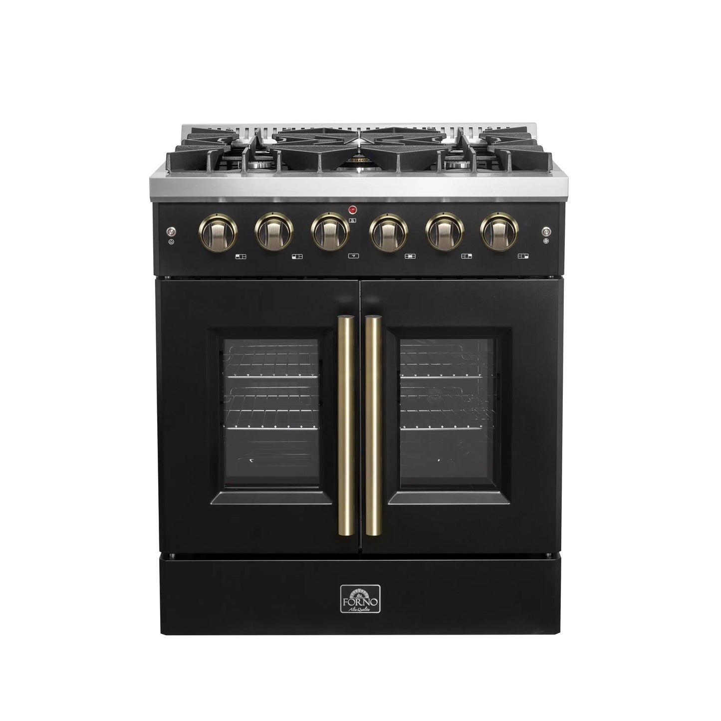 Forno Galiano 30-inch French Door Gas Range Black and Antique Brass Design, 5 Sealed Burners 68,000 BTU,  4.32 cu.ft. Convection Oven FORNO