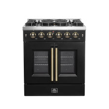 Forno Galiano 30-inch French Door Gas Range Black and Antique Brass Design, 5 Sealed Burners 68,000 BTU,  4.32 cu.ft. Convection Oven FORNO