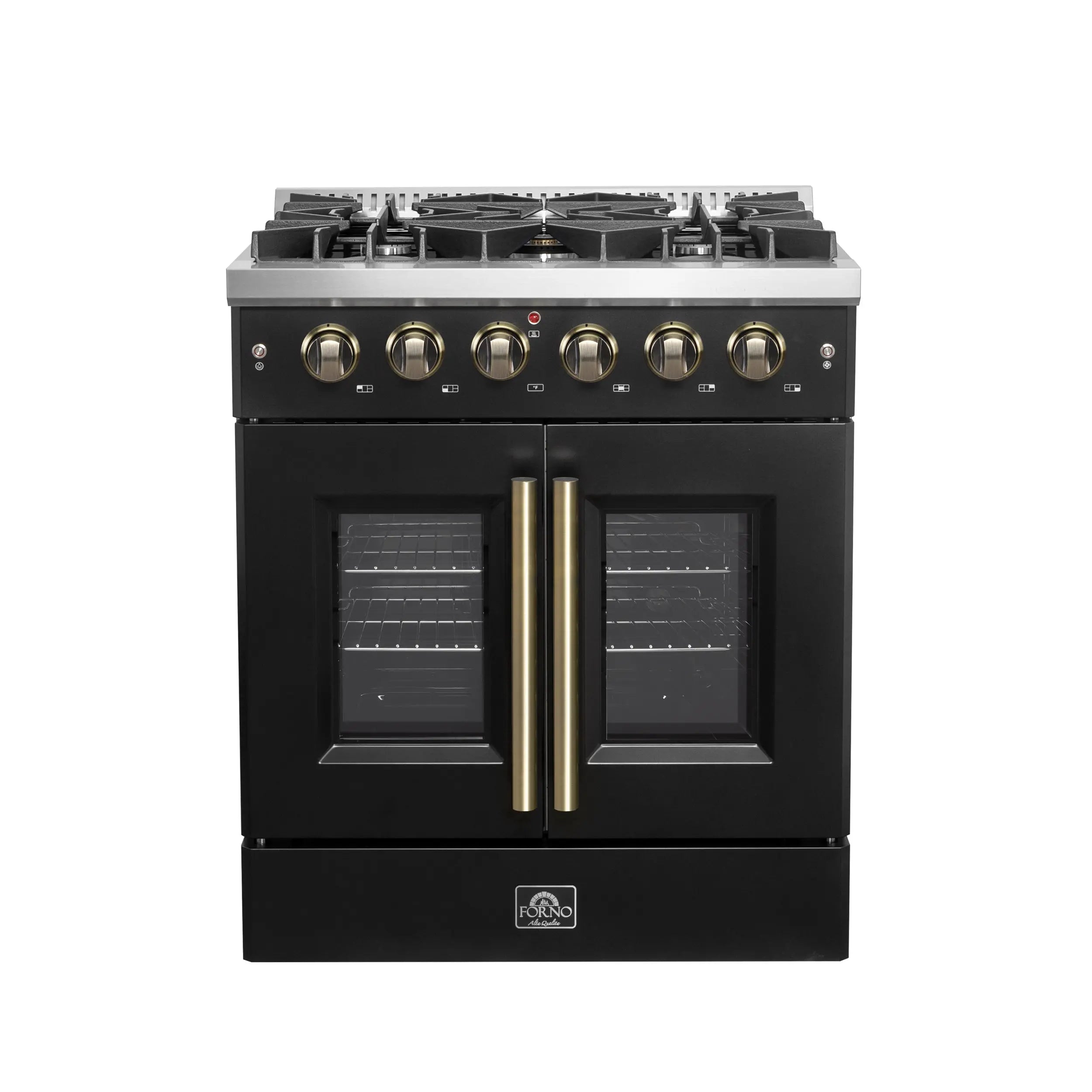 Forno Galiano 30-inch French Door Gas Range Black and Antique Brass Design, 5 Sealed Burners 68,000 BTU,  4.32 cu.ft. Convection Oven FORNO