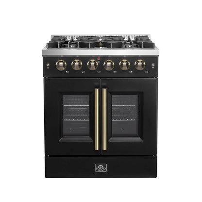 Forno Galiano 30-inch French Door Gas Range Black and Antique Brass Design, 5 Sealed Burners 68,000 BTU,  4.32 cu.ft. Convection Oven FORNO