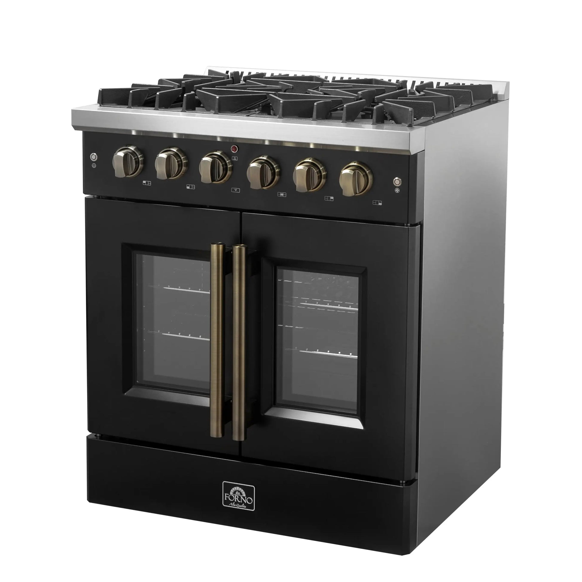 Forno Galiano 30-inch French Door Gas Range Black and Antique Brass Design, 5 Sealed Burners 68,000 BTU,  4.32 cu.ft. Convection Oven FORNO