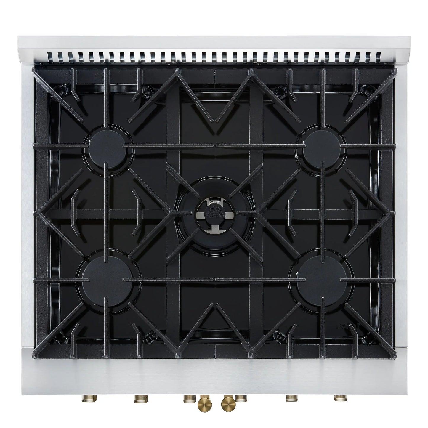 Forno Galiano 30-inch French Door Gas Range
White with Antique Brass Design, 5 Burners,
68,000 BTU, 4.32 cu.ft. Convection Oven FORNO