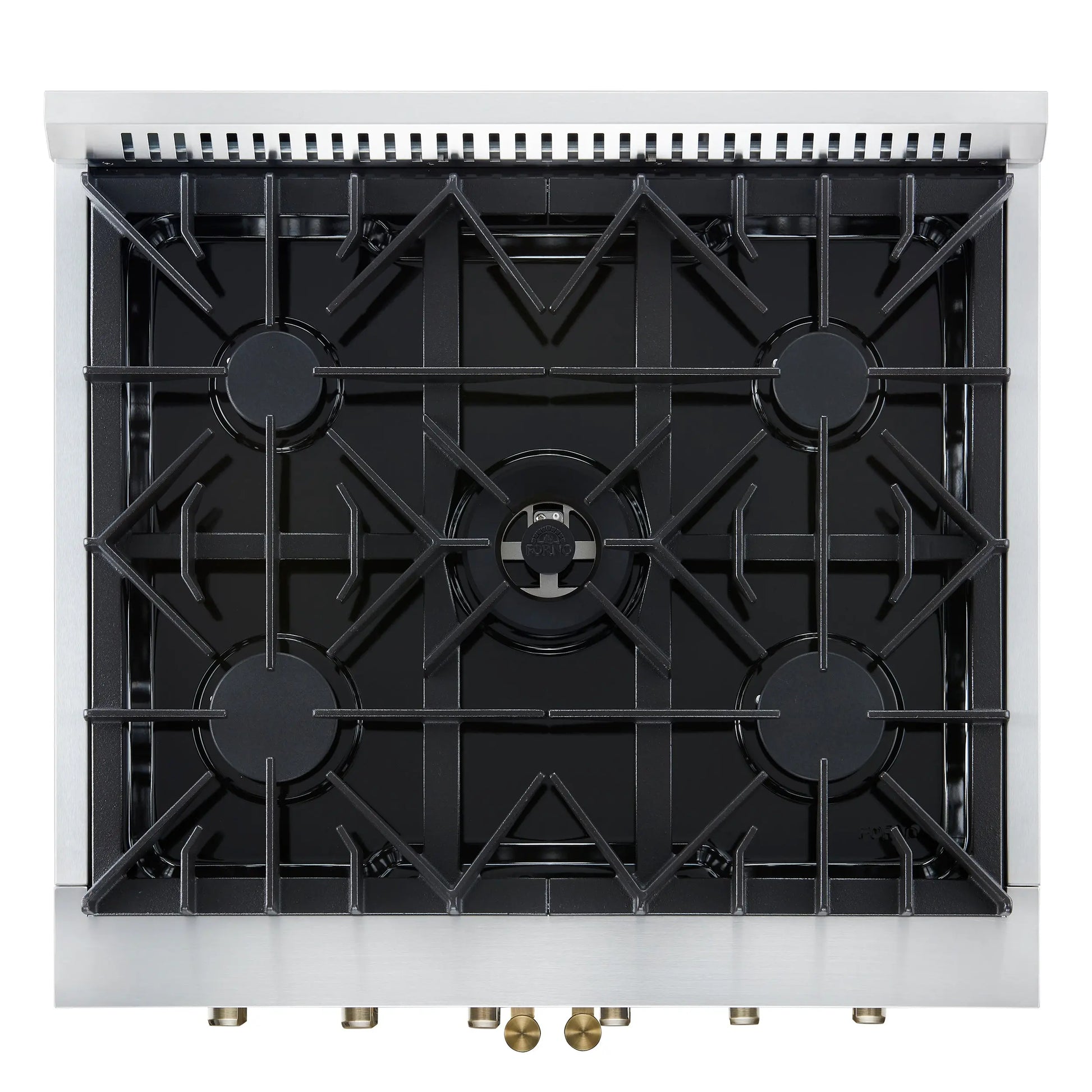 Forno Galiano 30-inch French Door Gas Range
White with Antique Brass Design, 5 Burners,
68,000 BTU, 4.32 cu.ft. Convection Oven FORNO