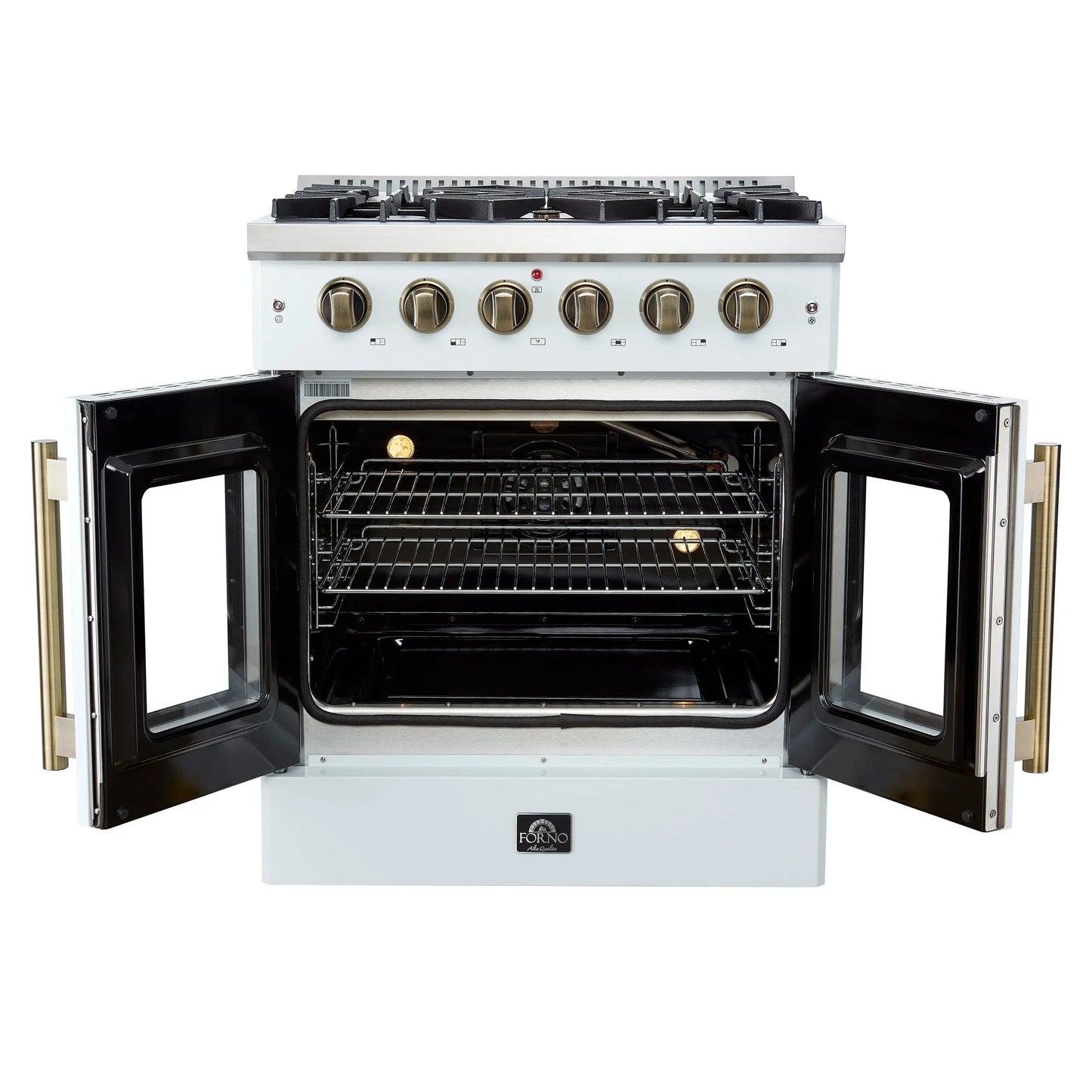 Forno Galiano 30-inch French Door Gas Range
White with Antique Brass Design, 5 Burners,
68,000 BTU, 4.32 cu.ft. Convection Oven FORNO