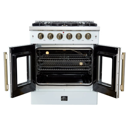 Forno Galiano 30-inch French Door Gas Range
White with Antique Brass Design, 5 Burners,
68,000 BTU, 4.32 cu.ft. Convection Oven FORNO