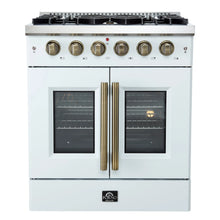 Forno Galiano 30-inch French Door Gas Range
White with Antique Brass Design, 5 Burners,
68,000 BTU, 4.32 cu.ft. Convection Oven FORNO