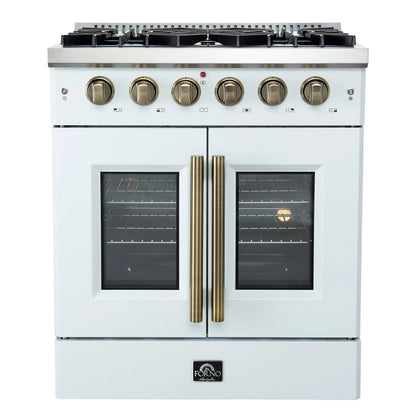 Forno Galiano 30-inch French Door Gas Range
White with Antique Brass Design, 5 Burners,
68,000 BTU, 4.32 cu.ft. Convection Oven FORNO