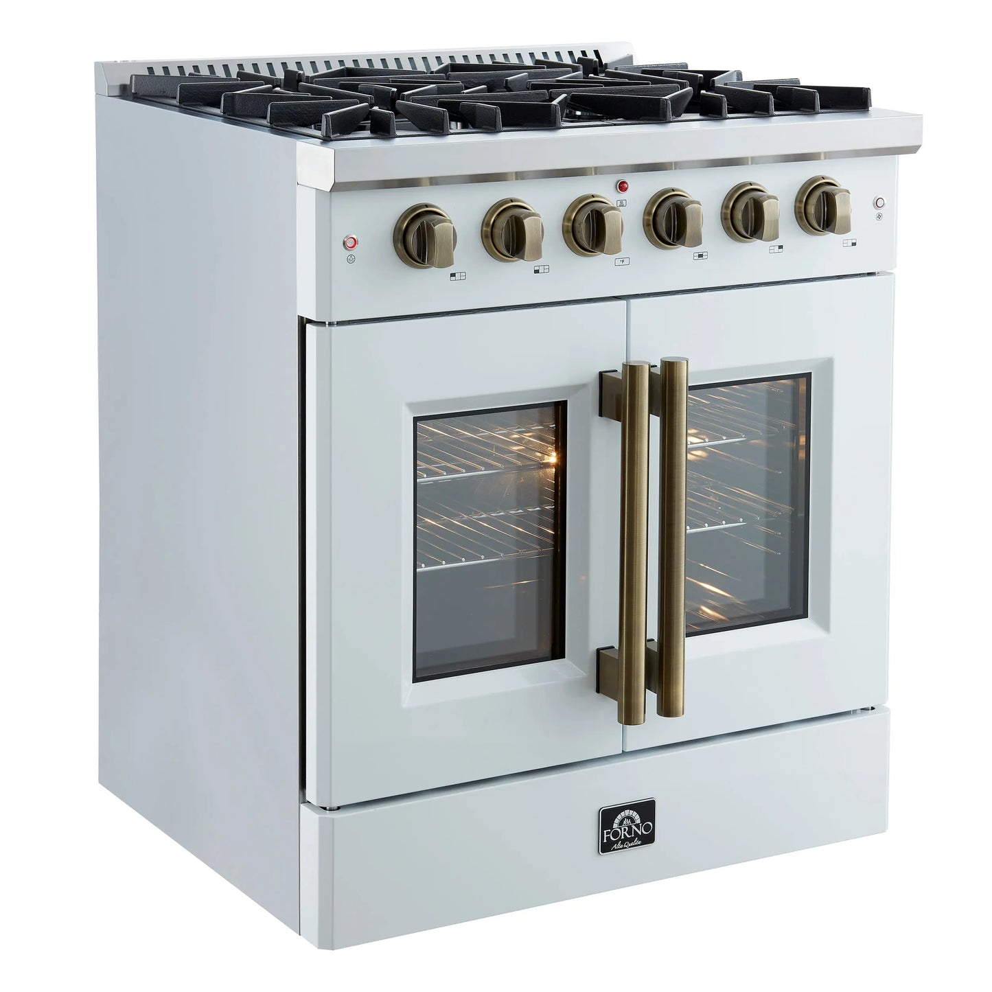 Forno Galiano 30-inch French Door Gas Range
White with Antique Brass Design, 5 Burners,
68,000 BTU, 4.32 cu.ft. Convection Oven FORNO