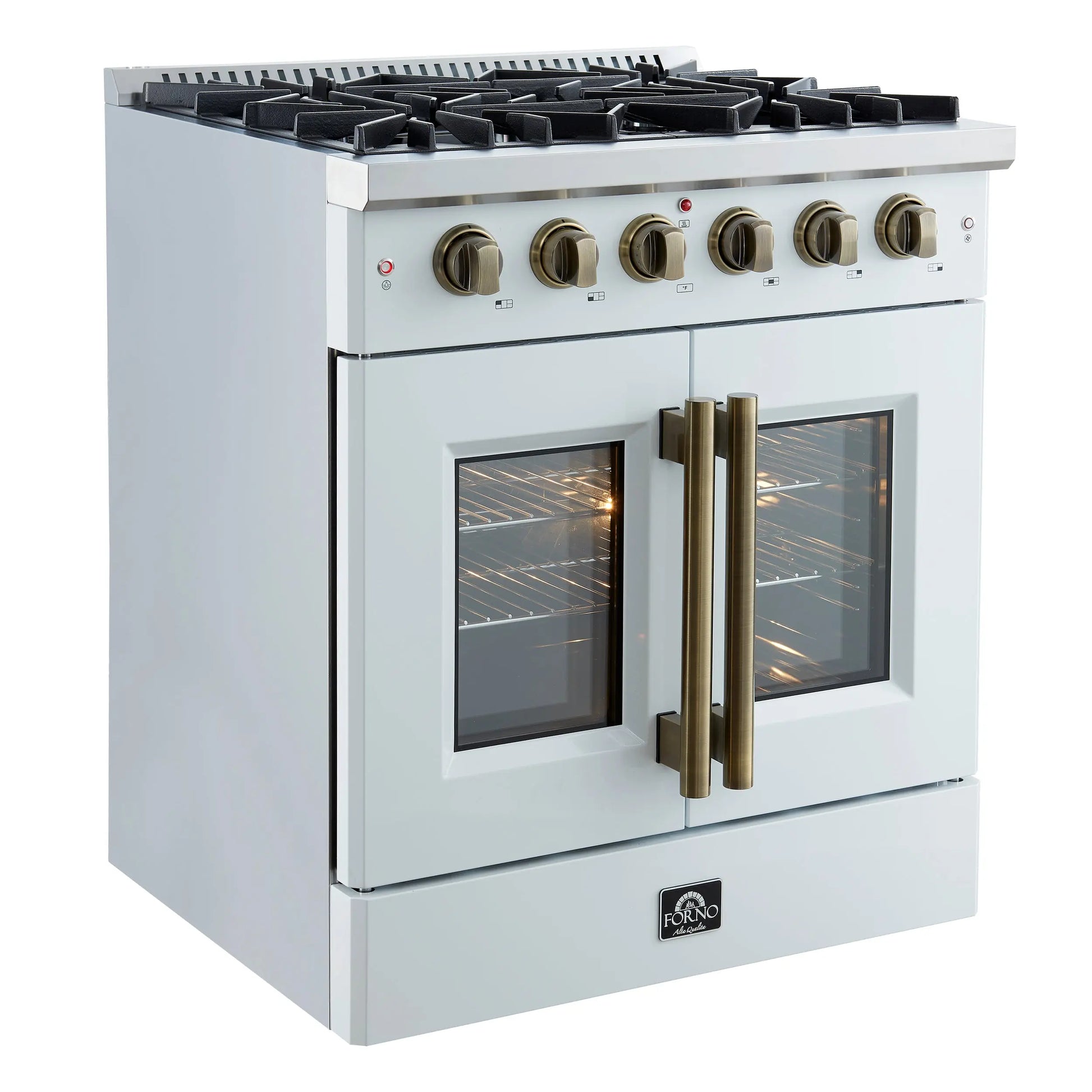 Forno Galiano 30-inch French Door Gas Range
White with Antique Brass Design, 5 Burners,
68,000 BTU, 4.32 cu.ft. Convection Oven FORNO