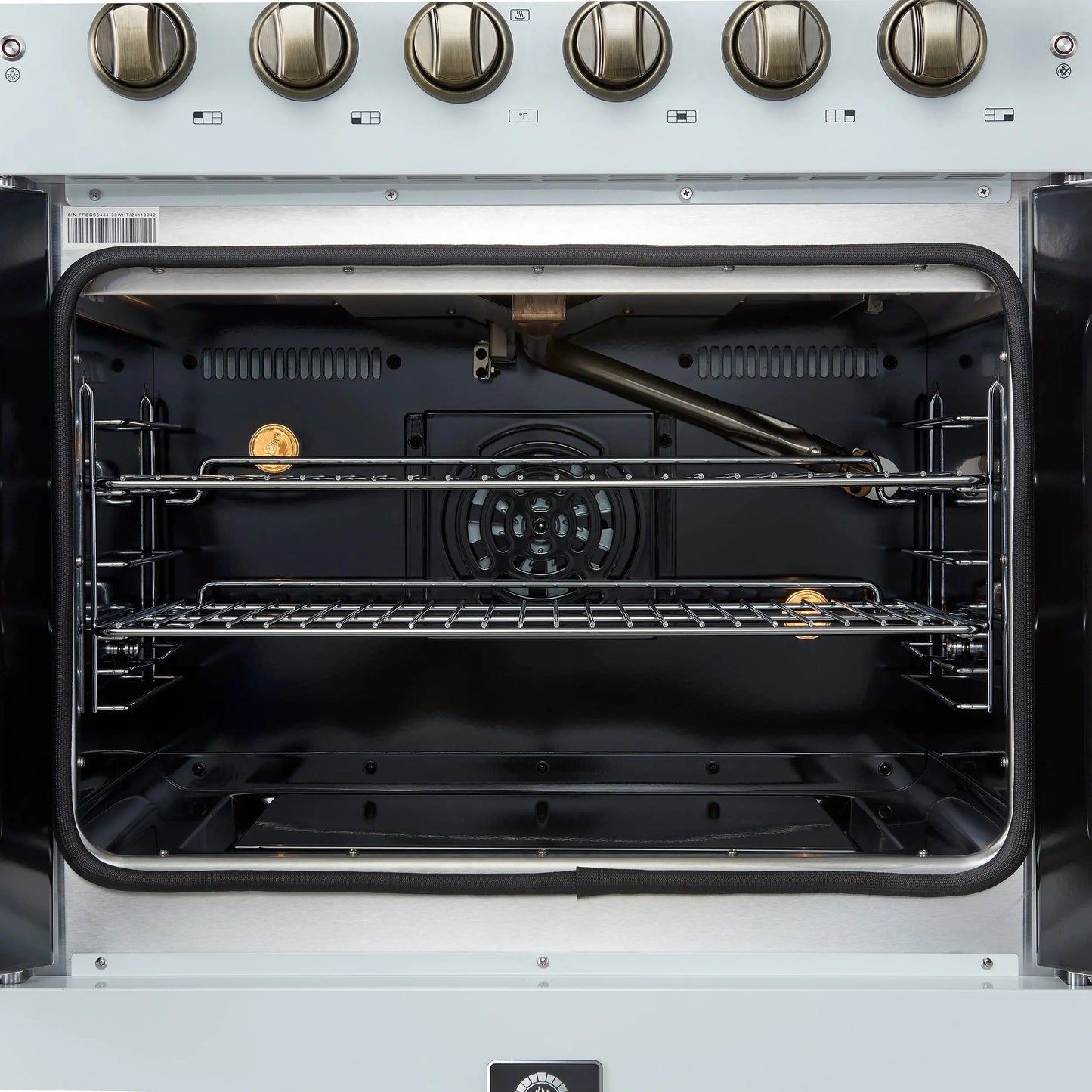 Forno Galiano 30-inch French Door Gas Range
White with Antique Brass Design, 5 Burners,
68,000 BTU, 4.32 cu.ft. Convection Oven FORNO