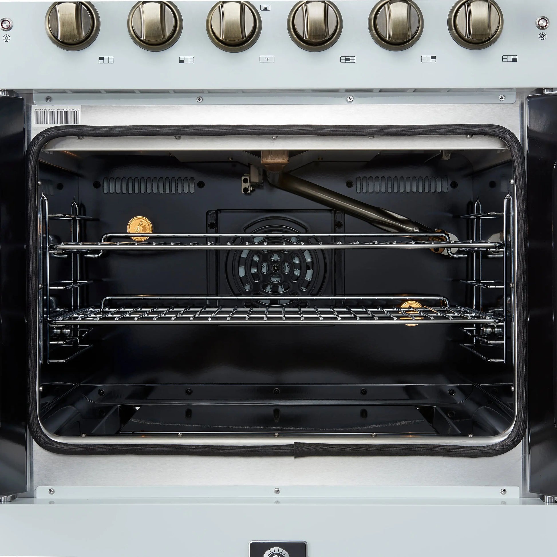 Forno Galiano 30-inch French Door Gas Range
White with Antique Brass Design, 5 Burners,
68,000 BTU, 4.32 cu.ft. Convection Oven FORNO