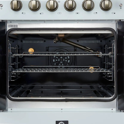 Forno Galiano 30-inch French Door Gas Range
White with Antique Brass Design, 5 Burners,
68,000 BTU, 4.32 cu.ft. Convection Oven FORNO