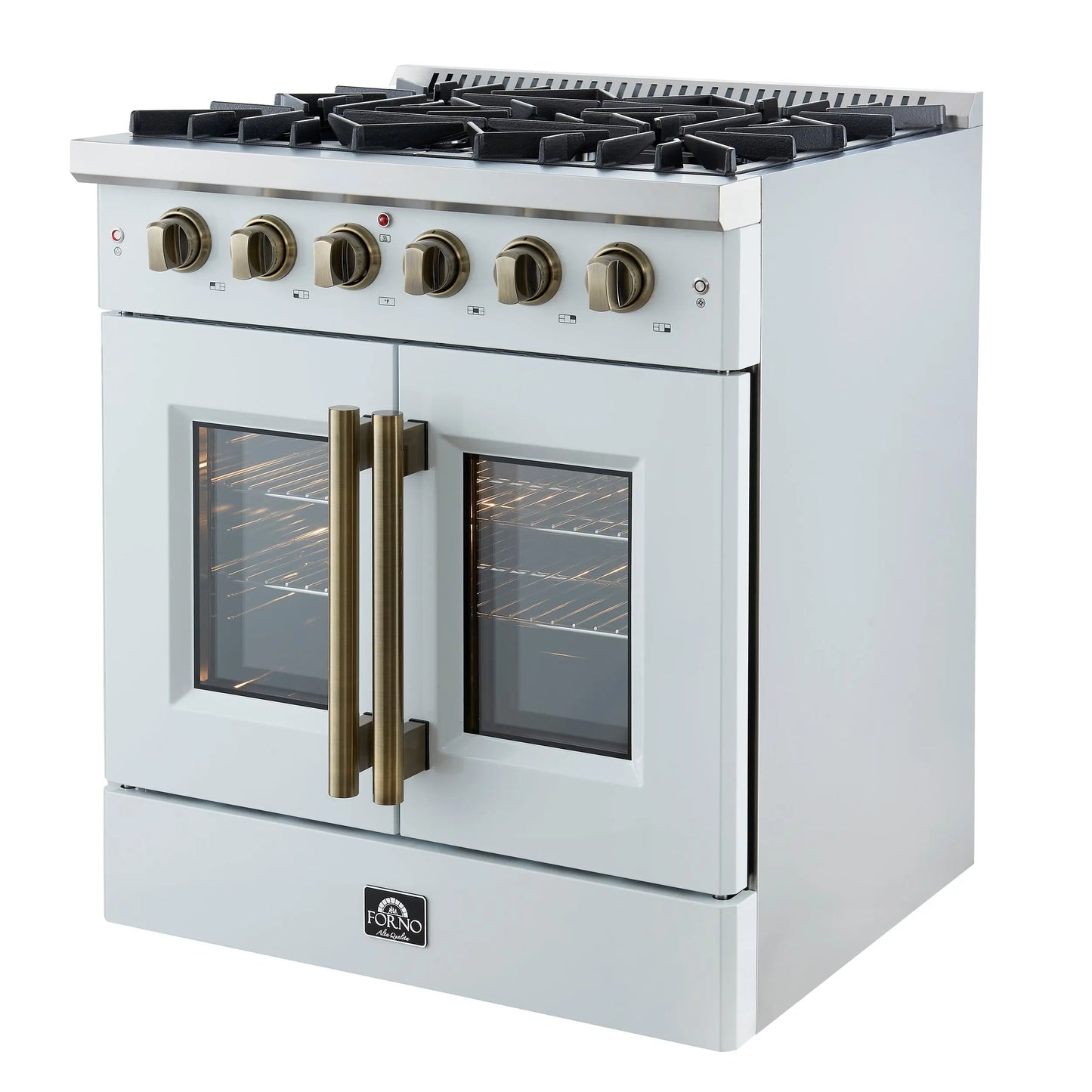 Forno Galiano 30-inch French Door Gas Range
White with Antique Brass Design, 5 Burners,
68,000 BTU, 4.32 cu.ft. Convection Oven FORNO