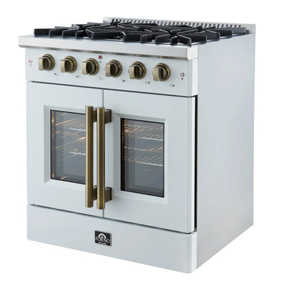 Forno Galiano 30-inch French Door Gas Range
White with Antique Brass Design, 5 Burners,
68,000 BTU, 4.32 cu.ft. Convection Oven FORNO
