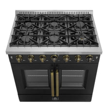 Forno Galiano 36-inch French Door Gas Range Black and Antique Brass Design, 6 Sealed Burners 83,000 BTU, 5.36 cu.ft. Convection Oven FORNO