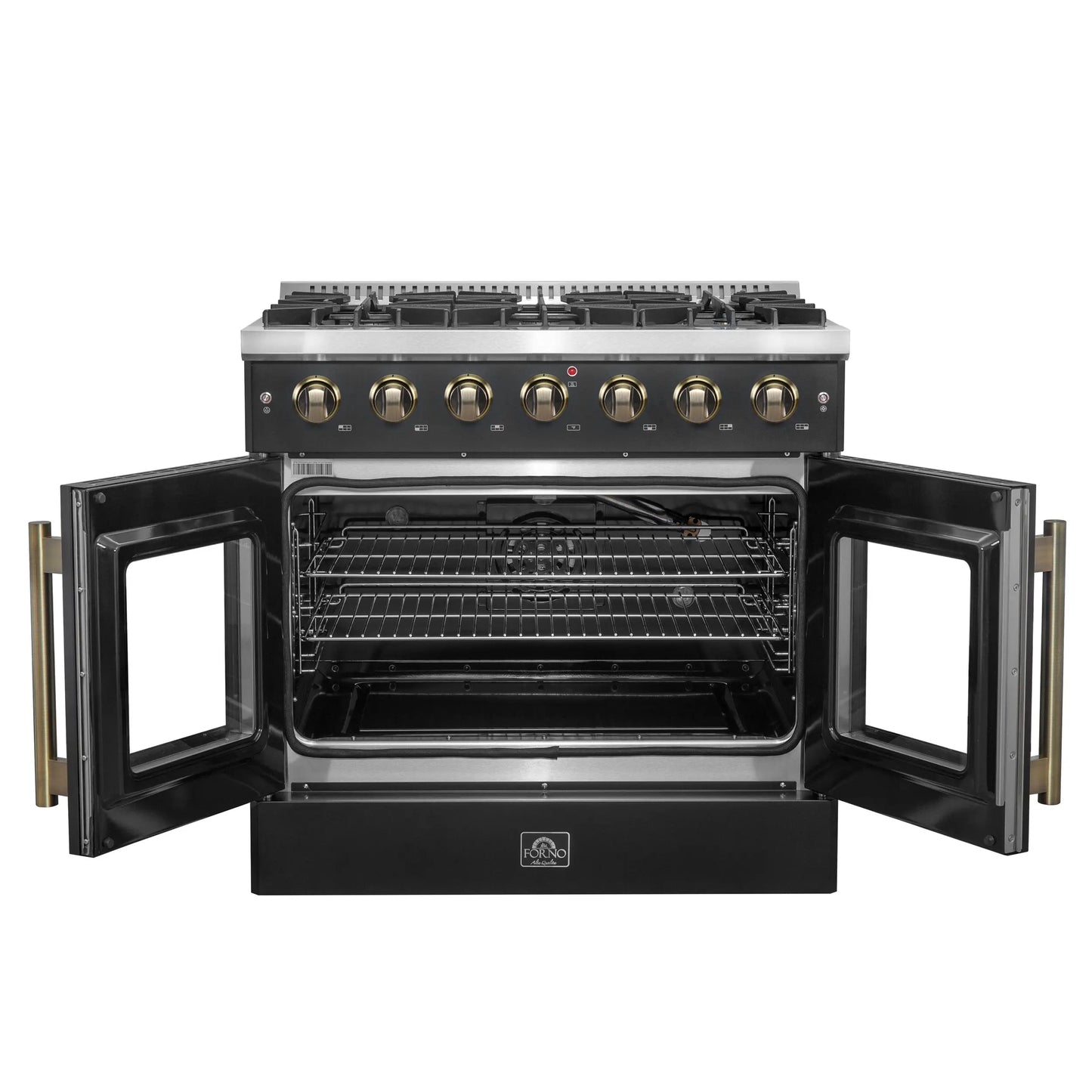 Forno Galiano 36-inch French Door Gas Range Black and Antique Brass Design, 6 Sealed Burners 83,000 BTU, 5.36 cu.ft. Convection Oven FORNO