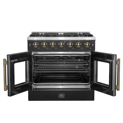 Forno Galiano 36-inch French Door Gas Range Black and Antique Brass Design, 6 Sealed Burners 83,000 BTU, 5.36 cu.ft. Convection Oven FORNO