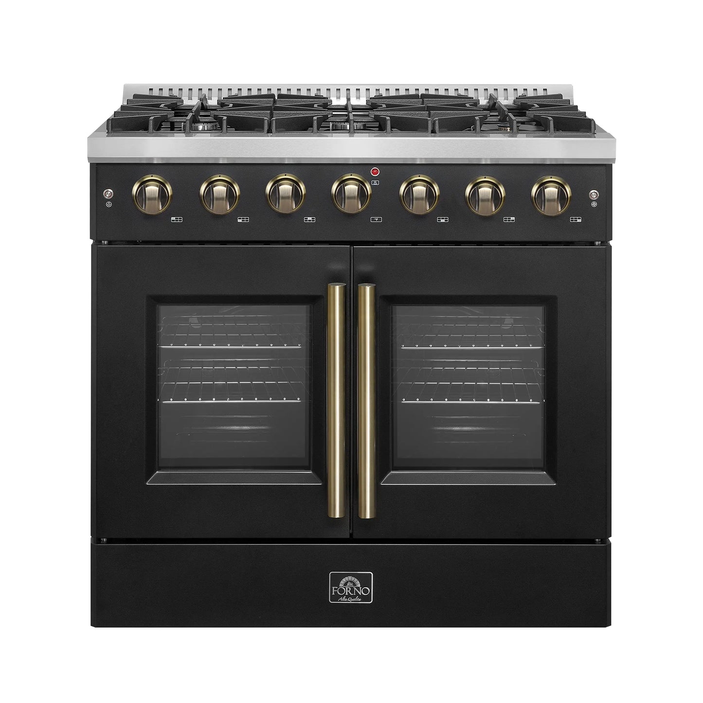 Forno Galiano 36-inch French Door Gas Range Black and Antique Brass Design, 6 Sealed Burners 83,000 BTU, 5.36 cu.ft. Convection Oven FORNO