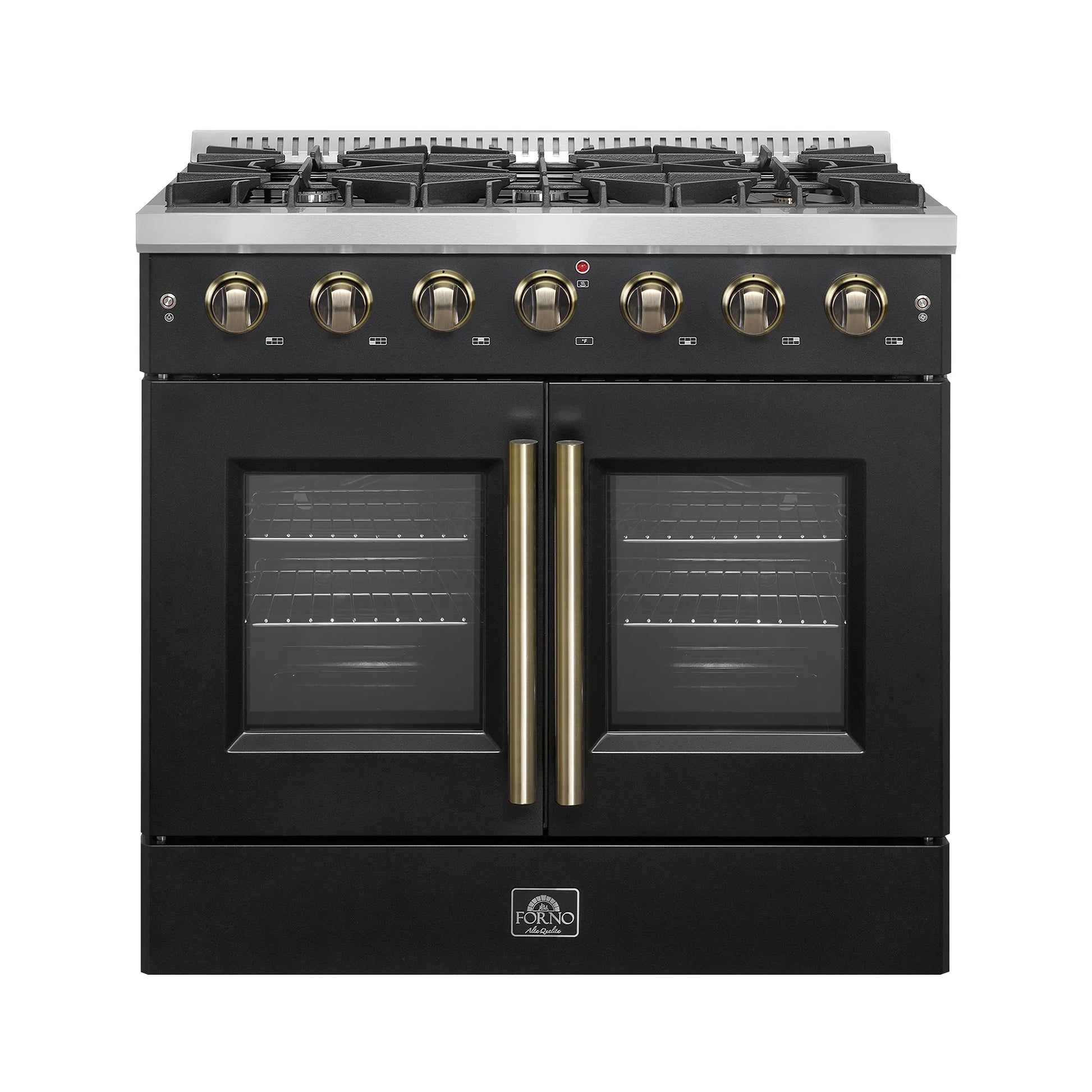 Forno Galiano 36-inch French Door Gas Range Black and Antique Brass Design, 6 Sealed Burners 83,000 BTU, 5.36 cu.ft. Convection Oven FORNO