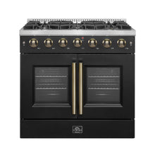Forno Galiano 36-inch French Door Gas Range Black and Antique Brass Design, 6 Sealed Burners 83,000 BTU, 5.36 cu.ft. Convection Oven FORNO
