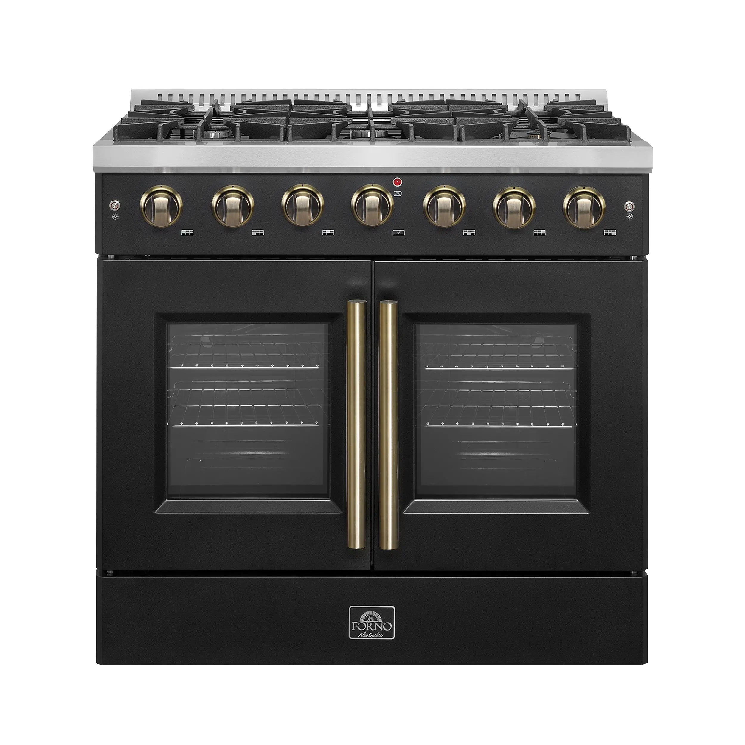 Forno Galiano 36-inch French Door Gas Range Black and Antique Brass Design, 6 Sealed Burners 83,000 BTU, 5.36 cu.ft. Convection Oven FORNO