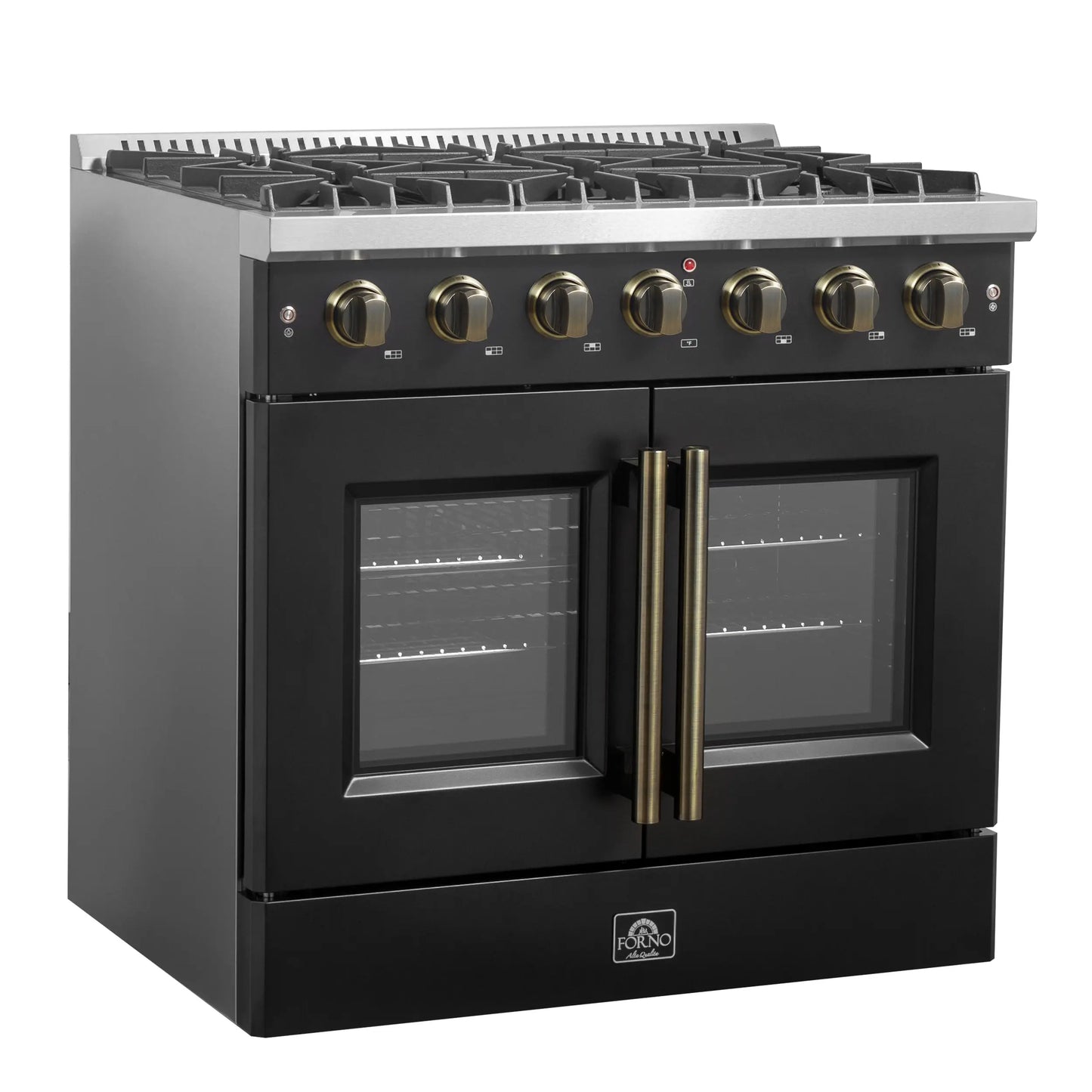 Forno Galiano 36-inch French Door Gas Range Black and Antique Brass Design, 6 Sealed Burners 83,000 BTU, 5.36 cu.ft. Convection Oven FORNO