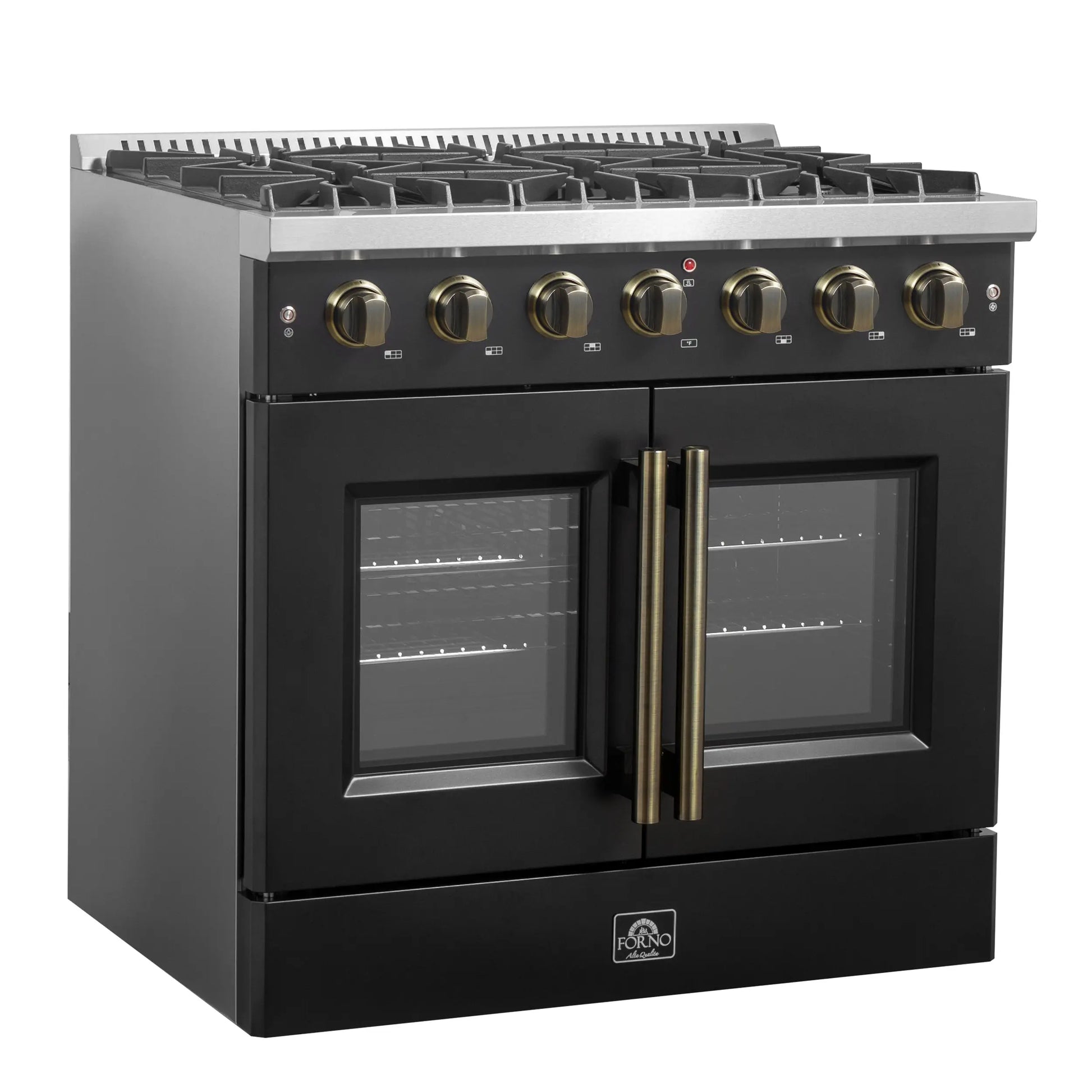Forno Galiano 36-inch French Door Gas Range Black and Antique Brass Design, 6 Sealed Burners 83,000 BTU, 5.36 cu.ft. Convection Oven FORNO