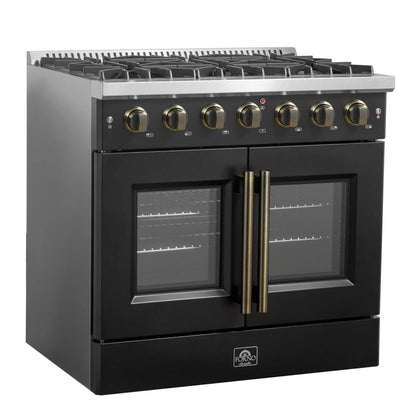 Forno Galiano 36-inch French Door Gas Range Black and Antique Brass Design, 6 Sealed Burners 83,000 BTU, 5.36 cu.ft. Convection Oven FORNO