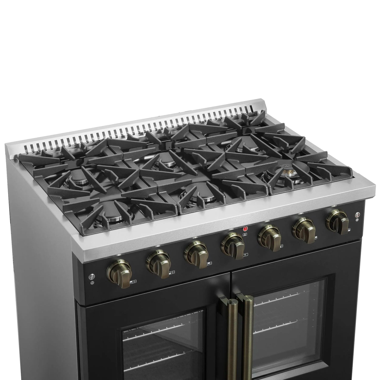 Forno Galiano 36-inch French Door Gas Range Black and Antique Brass Design, 6 Sealed Burners 83,000 BTU, 5.36 cu.ft. Convection Oven FORNO