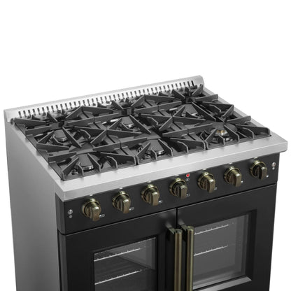 Forno Galiano 36-inch French Door Gas Range Black and Antique Brass Design, 6 Sealed Burners 83,000 BTU, 5.36 cu.ft. Convection Oven FORNO