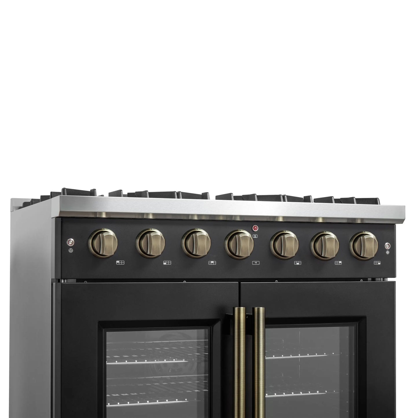 Forno Galiano 36-inch French Door Gas Range Black and Antique Brass Design, 6 Sealed Burners 83,000 BTU, 5.36 cu.ft. Convection Oven FORNO