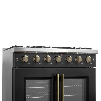 Forno Galiano 36-inch French Door Gas Range Black and Antique Brass Design, 6 Sealed Burners 83,000 BTU, 5.36 cu.ft. Convection Oven FORNO