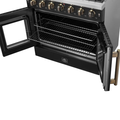 Forno Galiano 36-inch French Door Gas Range Black and Antique Brass Design, 6 Sealed Burners 83,000 BTU, 5.36 cu.ft. Convection Oven FORNO