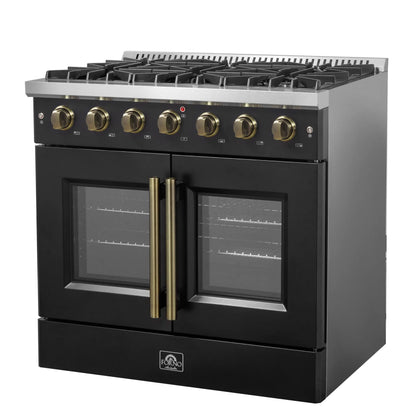 Forno Galiano 36-inch French Door Gas Range Black and Antique Brass Design, 6 Sealed Burners 83,000 BTU, 5.36 cu.ft. Convection Oven FORNO