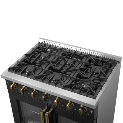 Forno Galiano 36-inch French Door Gas Range Black and Antique Brass Design, 6 Sealed Burners 83,000 BTU, 5.36 cu.ft. Convection Oven FORNO