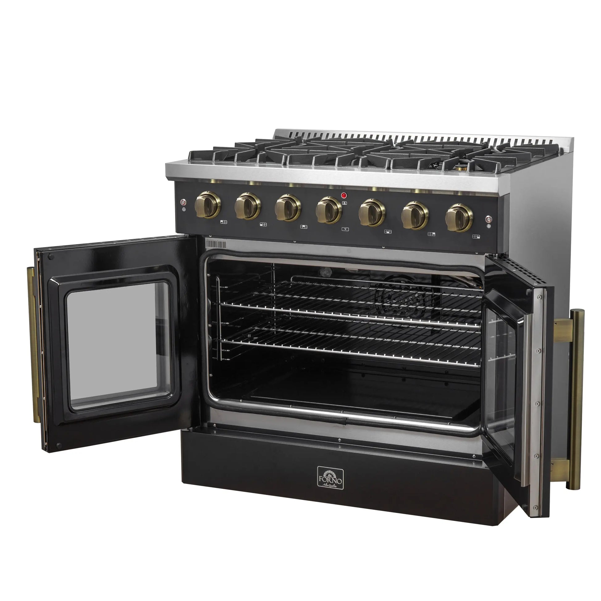 Forno Galiano 36-inch French Door Gas Range Black and Antique Brass Design, 6 Sealed Burners 83,000 BTU, 5.36 cu.ft. Convection Oven FORNO