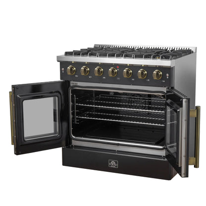 Forno Galiano 36-inch French Door Gas Range Black and Antique Brass Design, 6 Sealed Burners 83,000 BTU, 5.36 cu.ft. Convection Oven FORNO