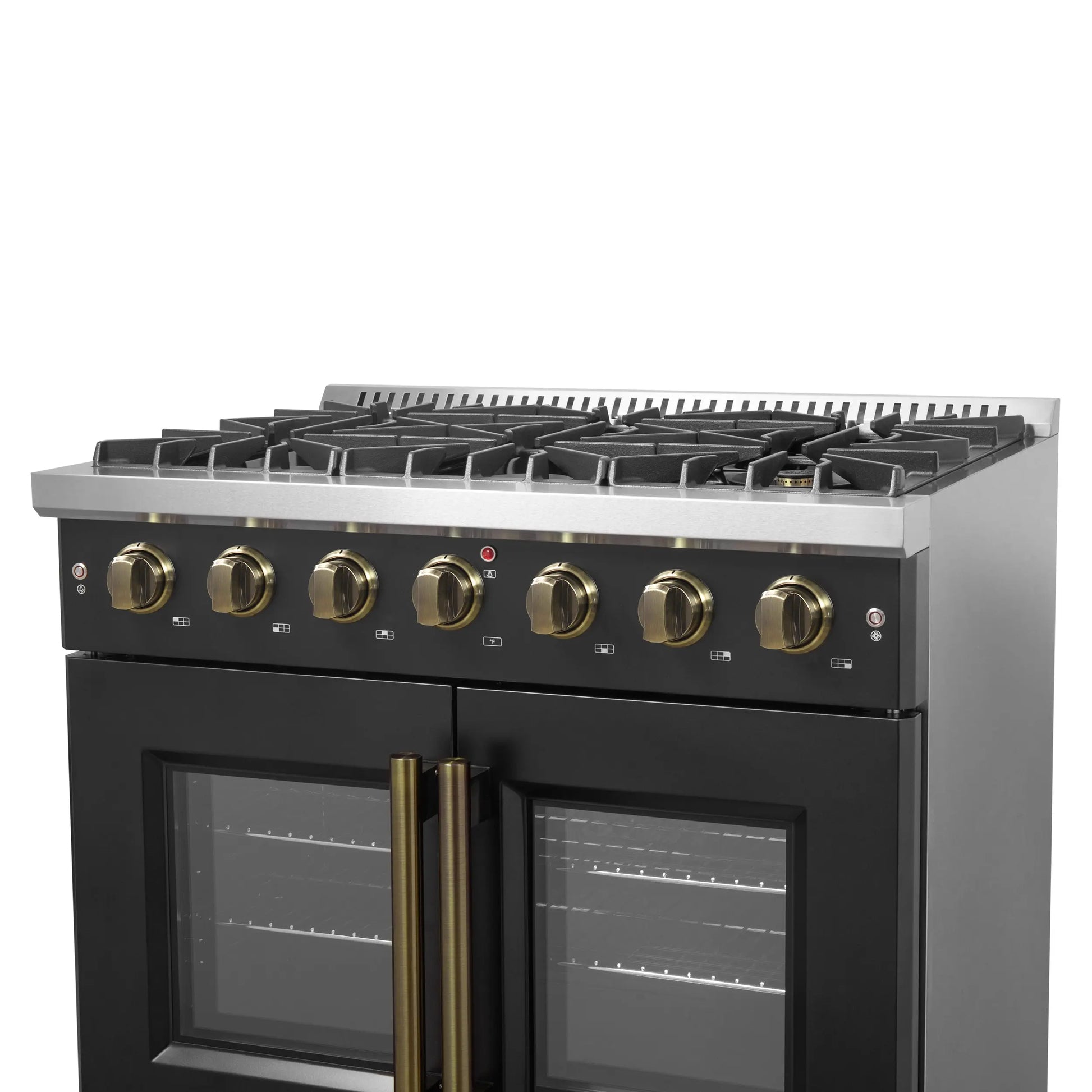 Forno Galiano 36-inch French Door Gas Range Black and Antique Brass Design, 6 Sealed Burners 83,000 BTU, 5.36 cu.ft. Convection Oven FORNO