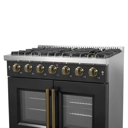 Forno Galiano 36-inch French Door Gas Range Black and Antique Brass Design, 6 Sealed Burners 83,000 BTU, 5.36 cu.ft. Convection Oven FORNO