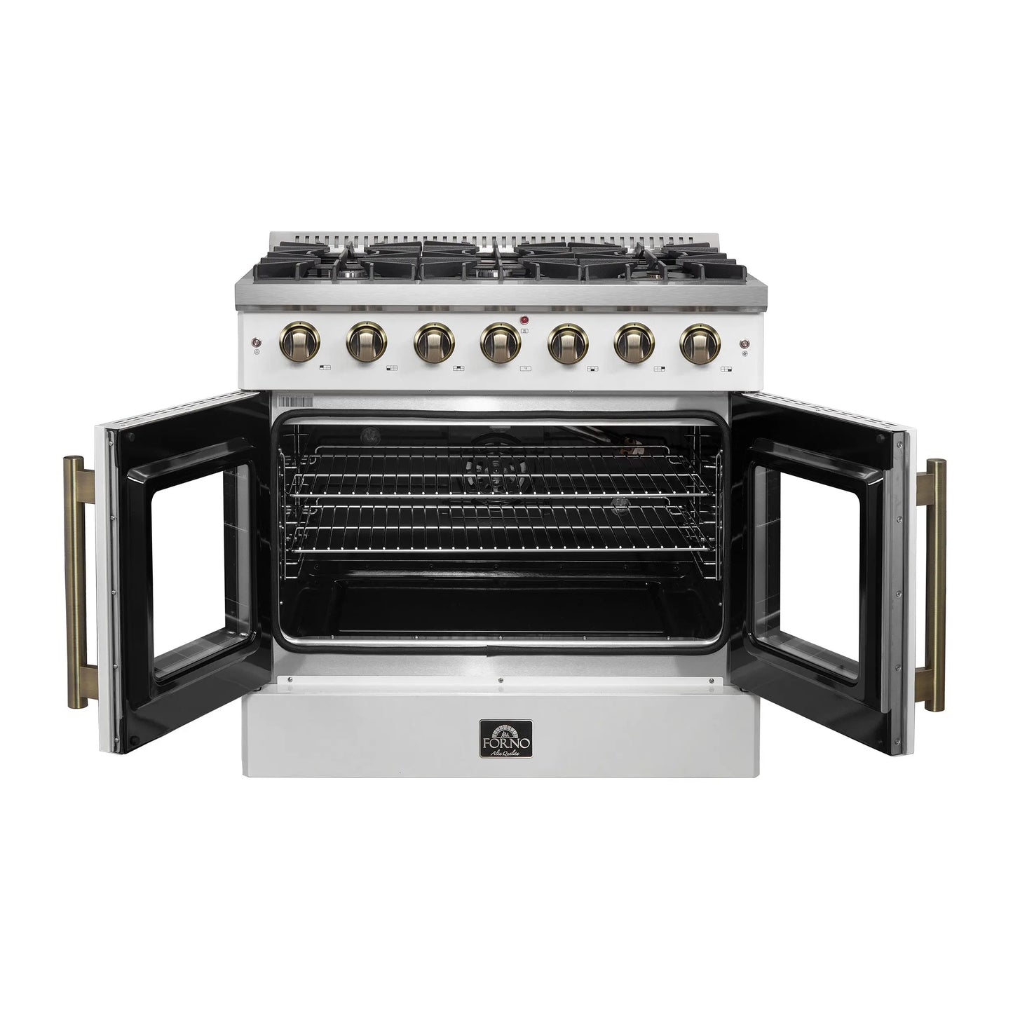 Forno Galiano 36-inch French Door Gas Range White and Antique Brass Design, 6 Sealed Burners 83,000 BTU, 5.36 cu.ft. Convection Oven FORNO