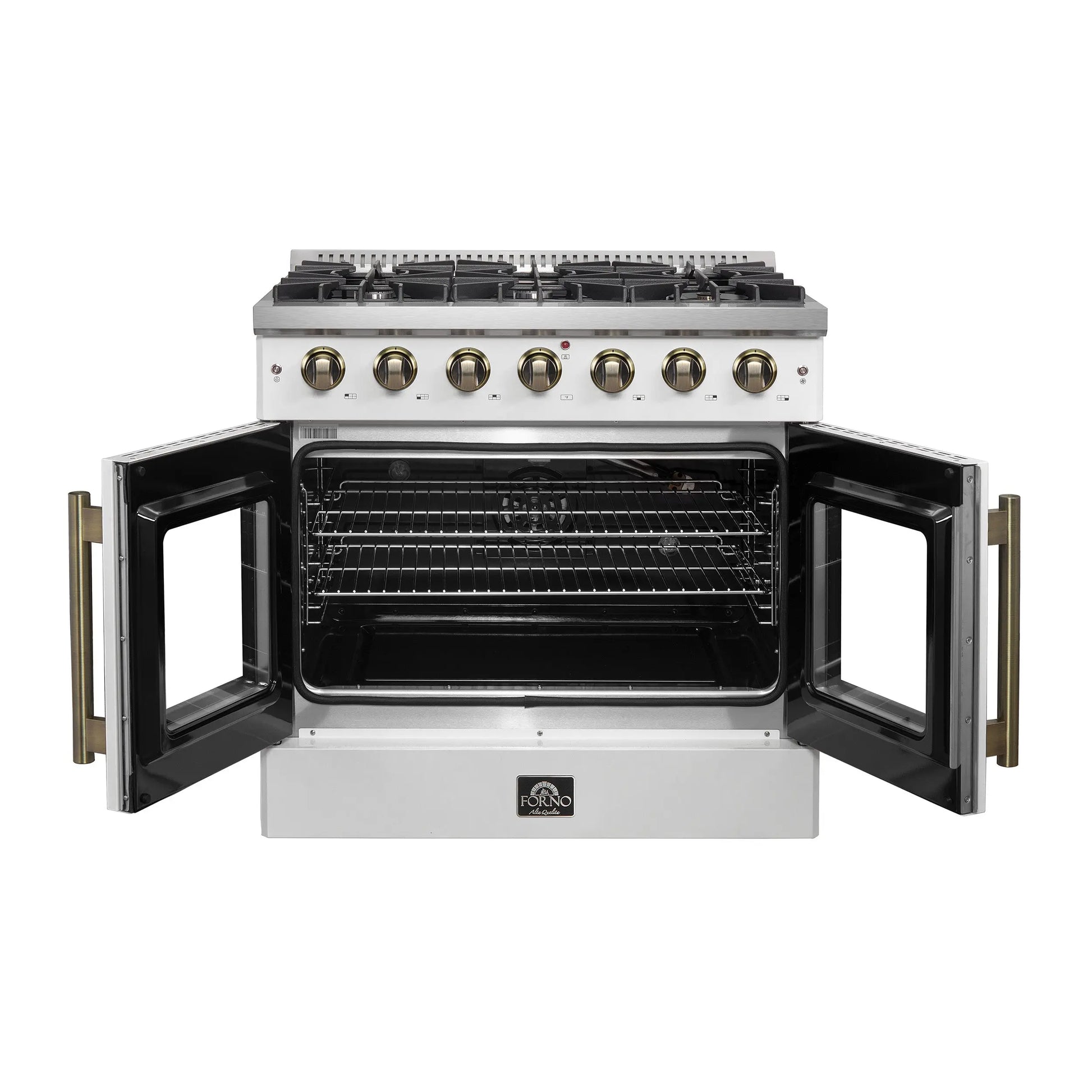 Forno Galiano 36-inch French Door Gas Range White and Antique Brass Design, 6 Sealed Burners 83,000 BTU, 5.36 cu.ft. Convection Oven FORNO