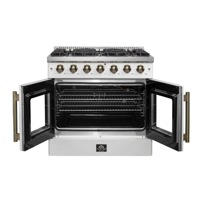 Forno Galiano 36-inch French Door Gas Range White and Antique Brass Design, 6 Sealed Burners 83,000 BTU, 5.36 cu.ft. Convection Oven FORNO