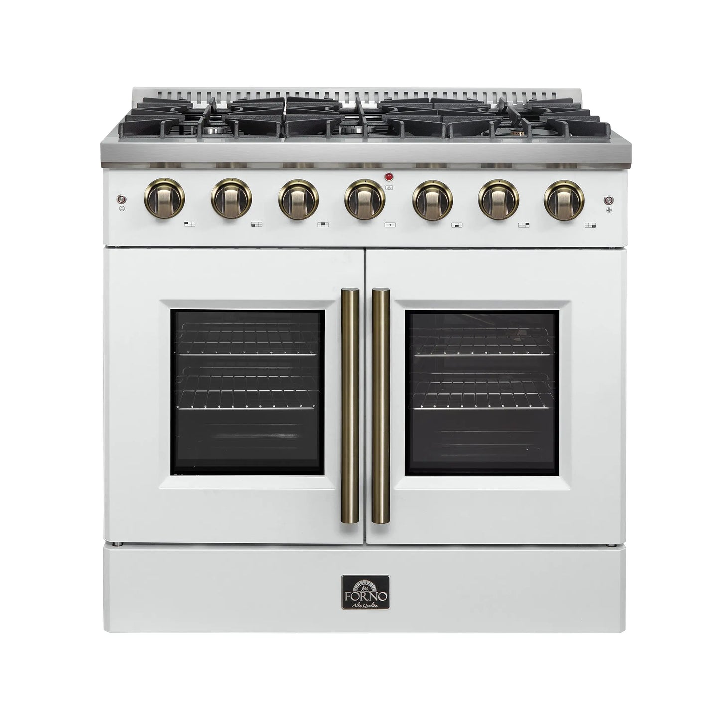 Forno Galiano 36-inch French Door Gas Range White and Antique Brass Design, 6 Sealed Burners 83,000 BTU, 5.36 cu.ft. Convection Oven FORNO