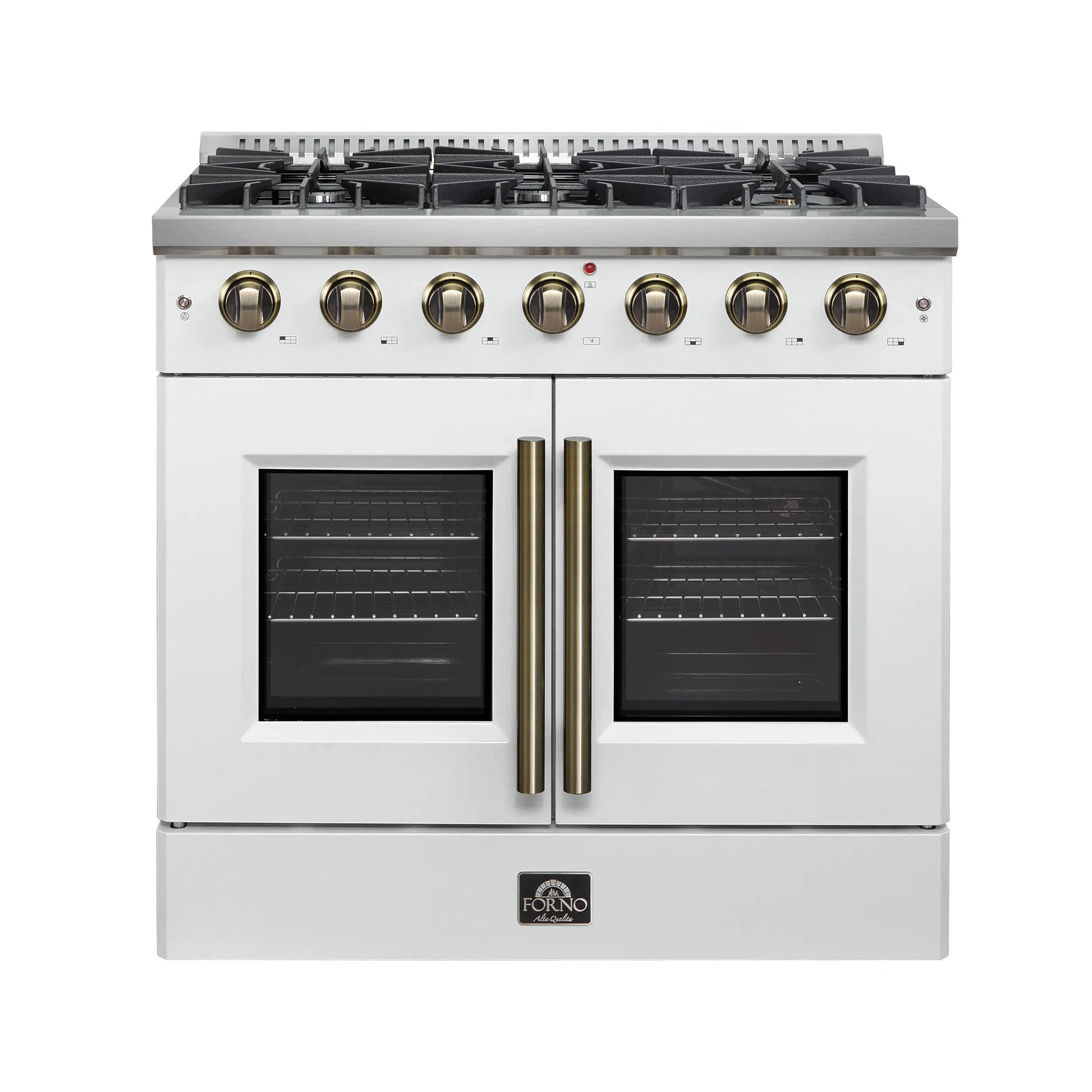 Forno Galiano 36-inch French Door Gas Range White and Antique Brass Design, 6 Sealed Burners 83,000 BTU, 5.36 cu.ft. Convection Oven FORNO