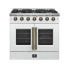 Forno Galiano 36-inch French Door Gas Range White and Antique Brass Design, 6 Sealed Burners 83,000 BTU, 5.36 cu.ft. Convection Oven FORNO
