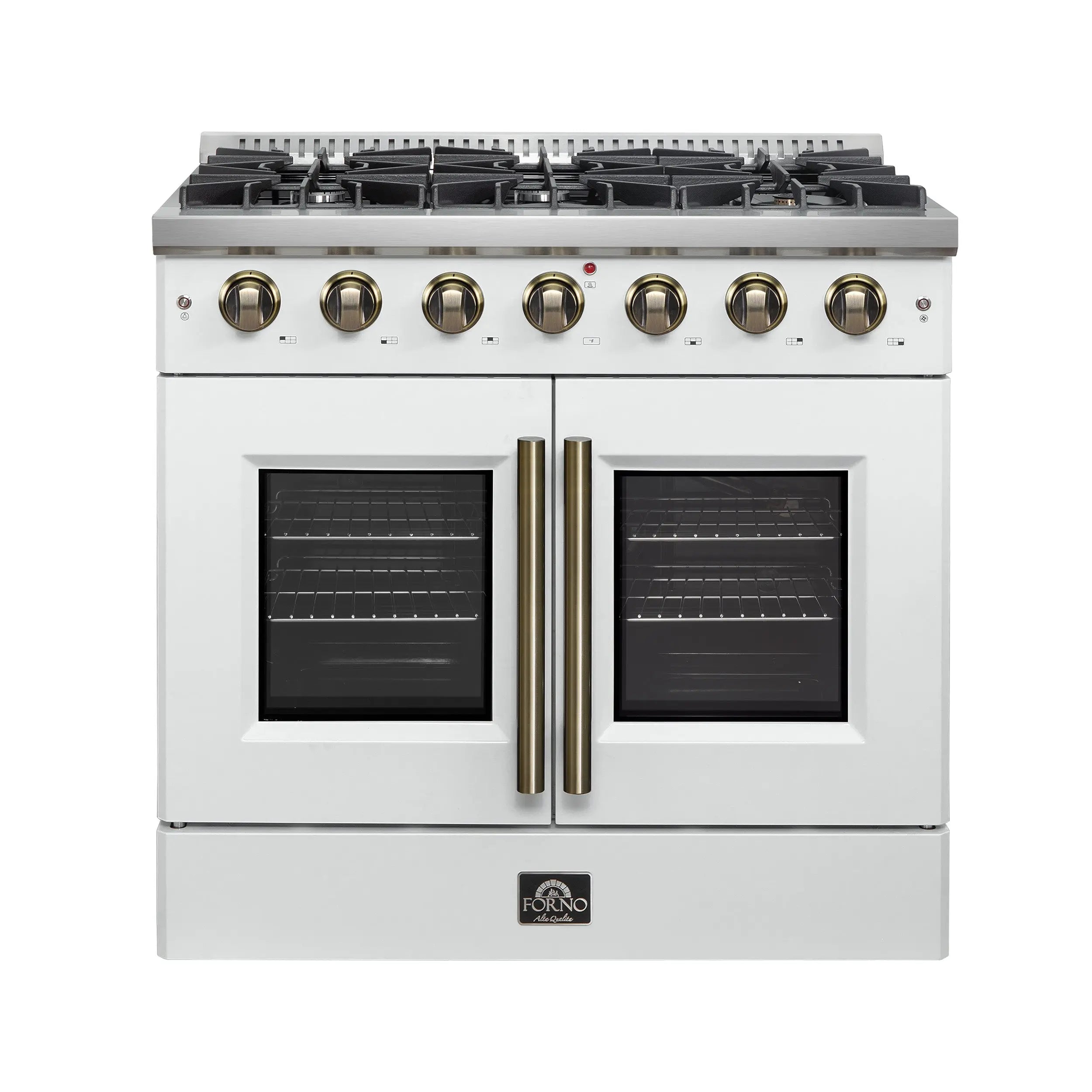 Forno Galiano 36-inch French Door Gas Range White and Antique Brass Design, 6 Sealed Burners 83,000 BTU, 5.36 cu.ft. Convection Oven FORNO
