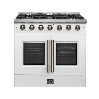 Forno Galiano 36-inch French Door Gas Range White and Antique Brass Design, 6 Sealed Burners 83,000 BTU, 5.36 cu.ft. Convection Oven FORNO