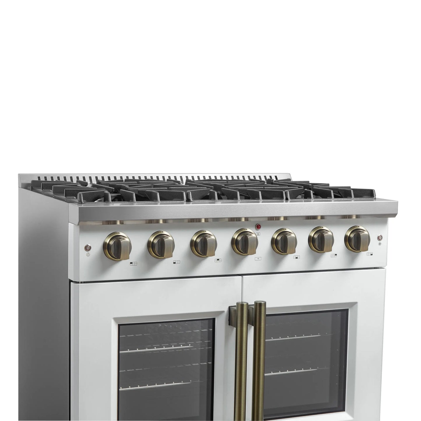 Forno Galiano 36-inch French Door Gas Range White and Antique Brass Design, 6 Sealed Burners 83,000 BTU, 5.36 cu.ft. Convection Oven FORNO